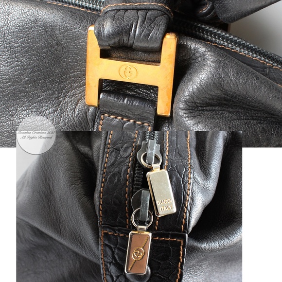Gucci Duffle Bag Black Crocodile and Kid Leather Large Hobo Vintage 1984 + COA - Picture 16 of 17